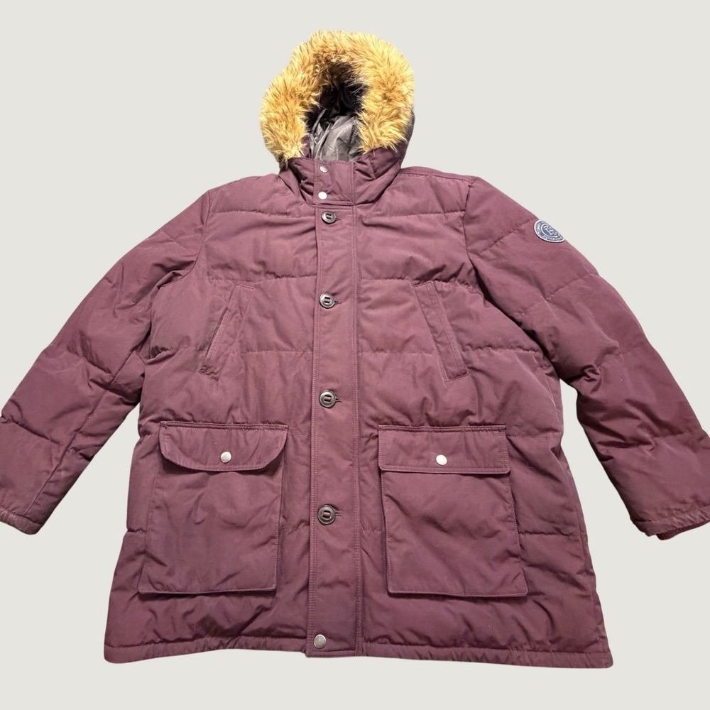 VTG Tommy Hilfiger Mens XXL Burgundy Faux Fur Hooded Quilted Winter Parka Jacket
